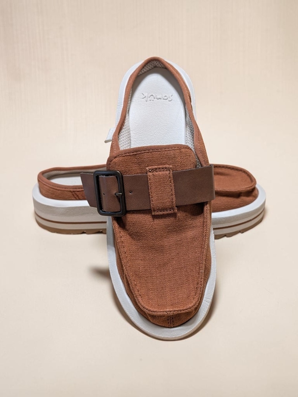 Sanuk Women's Tan Slip On Loafers Buckle Accent